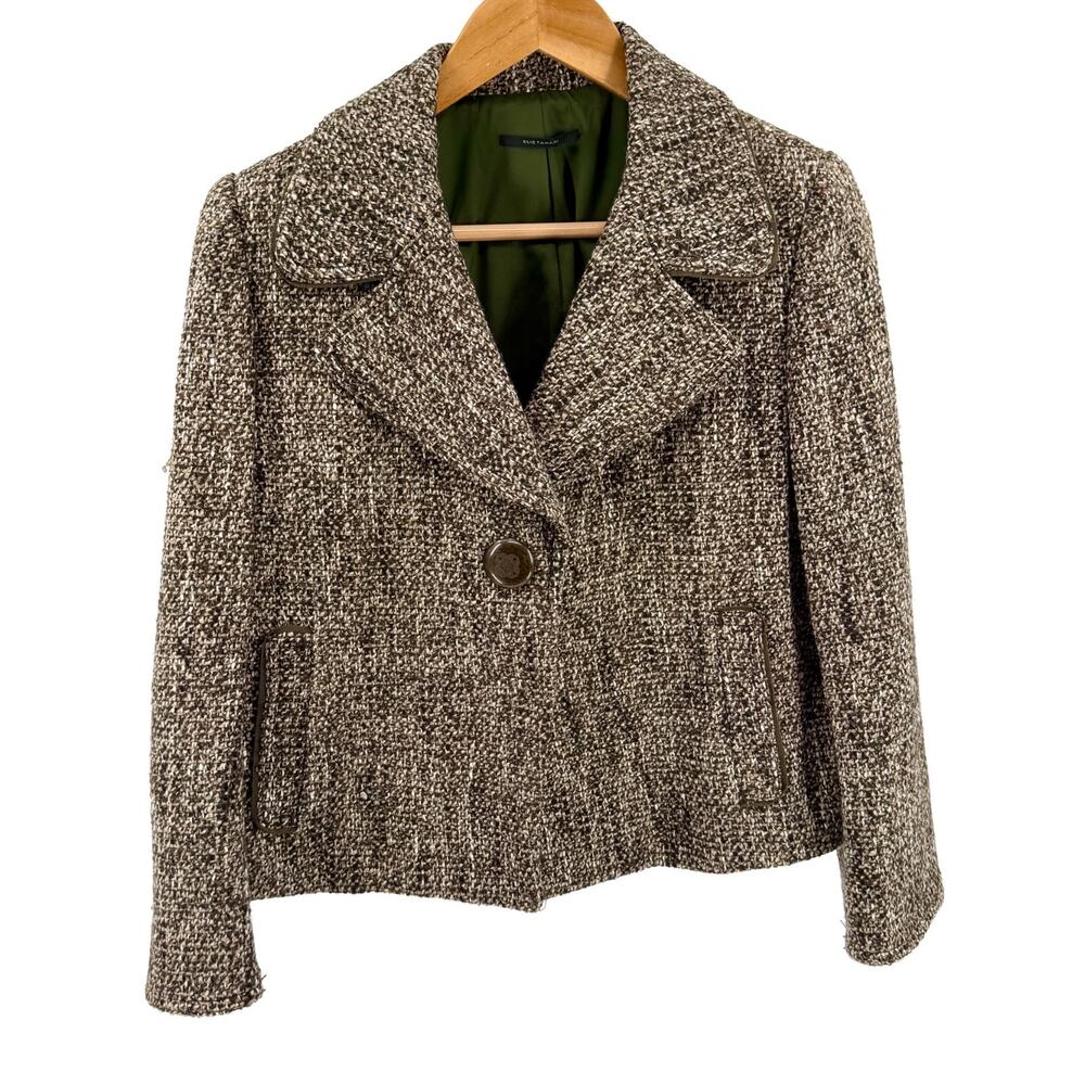 Elie Tahari Brown Tweed Belted Shoulder Pad Cropped Blazer